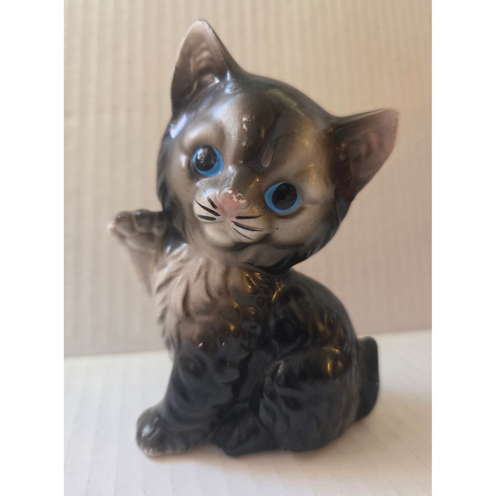 Unbranded Ceramic Kitten Figurine Small Black Grey Fair Vintage Japan